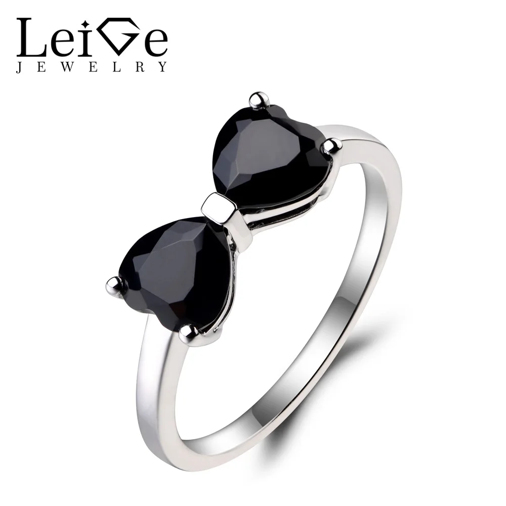 

Leige Jewelry Natural Black Spinel Ring Promise Rings 925 Sterling Silver Heart Cut Black Gemstone Double Gems Ring for Women