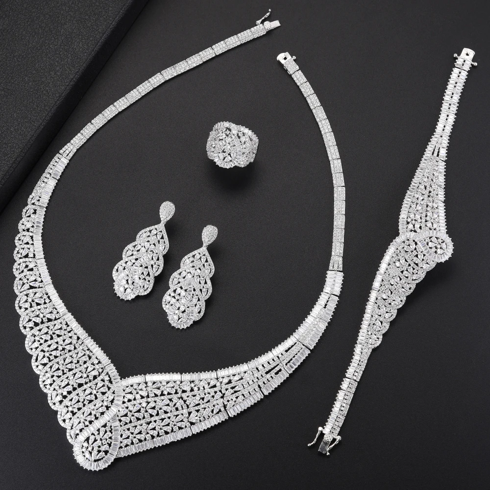 melhor Luxo Grande Gargantilha Colar Conjuntos De Jóias De Casamento Zircônia Cúbica Incrustada Colar Brincos Pulseira Anel Conjuntos De Jóias Para Mulher