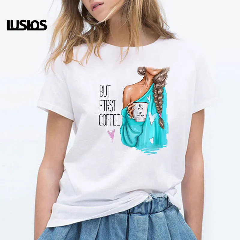 Футболка LUSLOS But First Coffee женская милая рубашка Ladybro уличная одежда в стиле