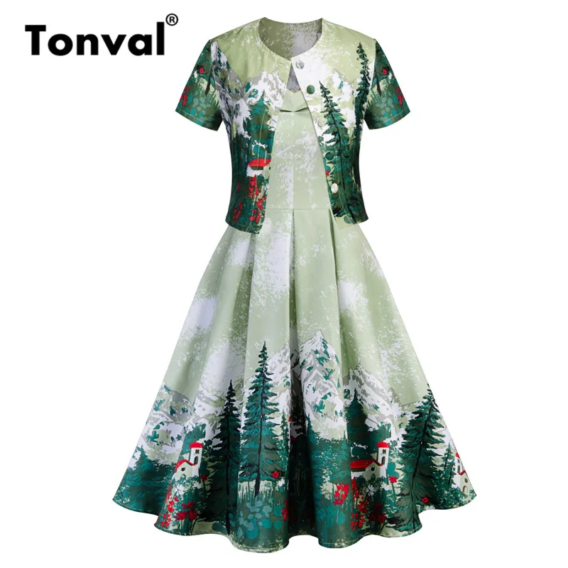 Женский винтажный комплект из двух предметов Tonval зеленое плиссированное платье