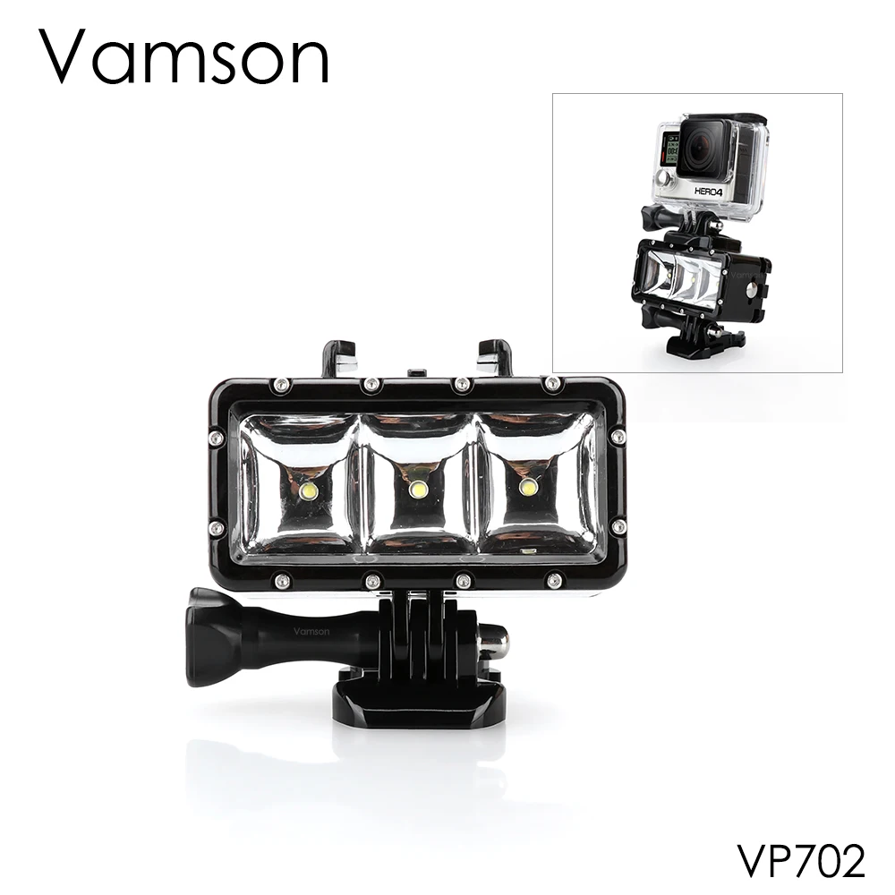 

Подводный фонарик Vamson для Gopro Hero 6 5 4 3, лампа для дайвинга, водонепроницаемая светодиодная вспышка с креплением для SJCAM для Xiaomi YI VP702