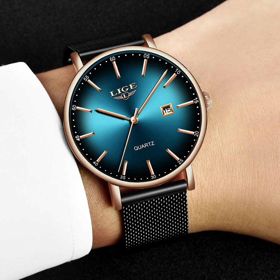 Reloj Hombre LIGE, мужские часы, Модный Топ бренд, роскошные сетчатые стальные красные деловые кварцевые часы, мужские повседневные водонепроницаемые простые часы