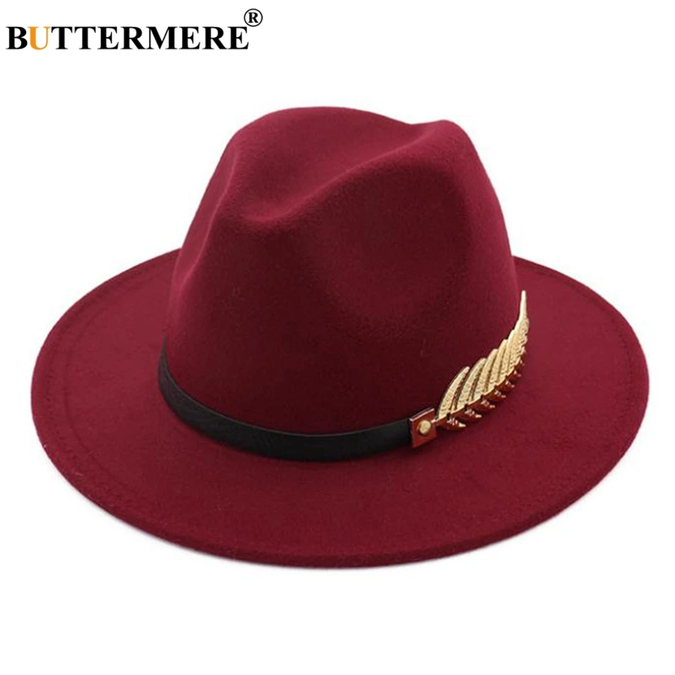 burgundy hat BUTTERMERE фетровая шляпа розовая Дамская элегантная зимняя женская шерстяная фетровая шляпа с большими полями британская фетровая Кепка винтажная джазовая шляпа котелок - Цвет: burgundy hat