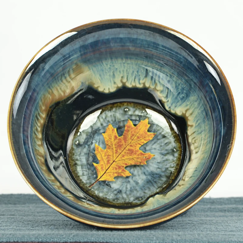 Красивая ручной росписью кленовые листья чашки Аутентичные temmoku глазури в