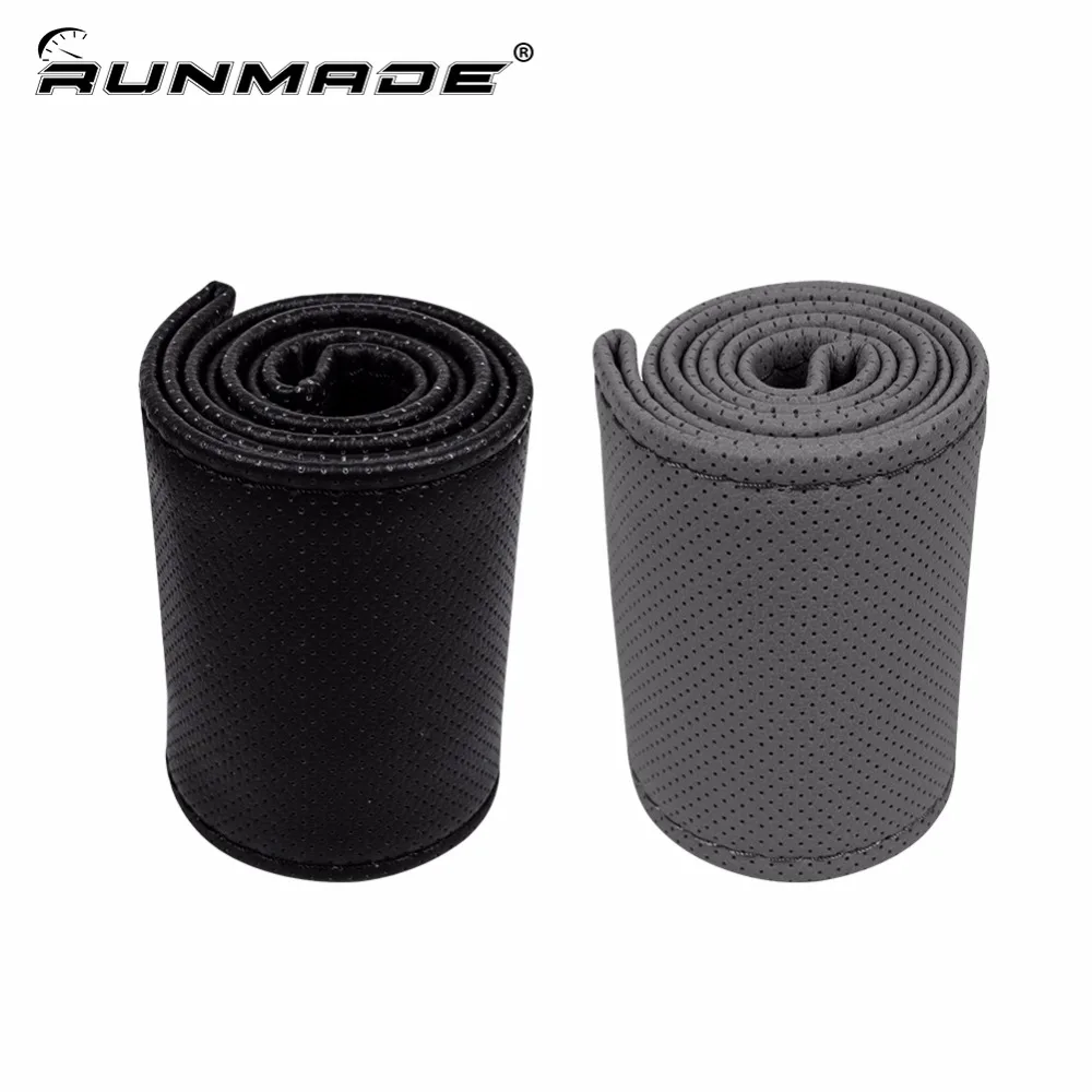 

runmade DIY Hand Stitched Braid Steering Wheel Covers Extremely Soft PU Leather Braid on the steering-wheel Black Gray