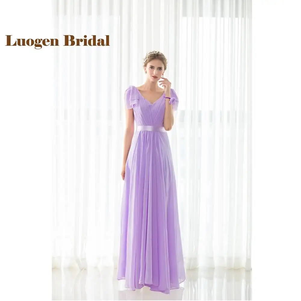 Luogen Bridal 2017 In Stock Bridesmaid Dresses Purple Column Sashes V-Neck Pleat Chiffon Long Wedding Party Gowns Wholesale | Свадьбы и