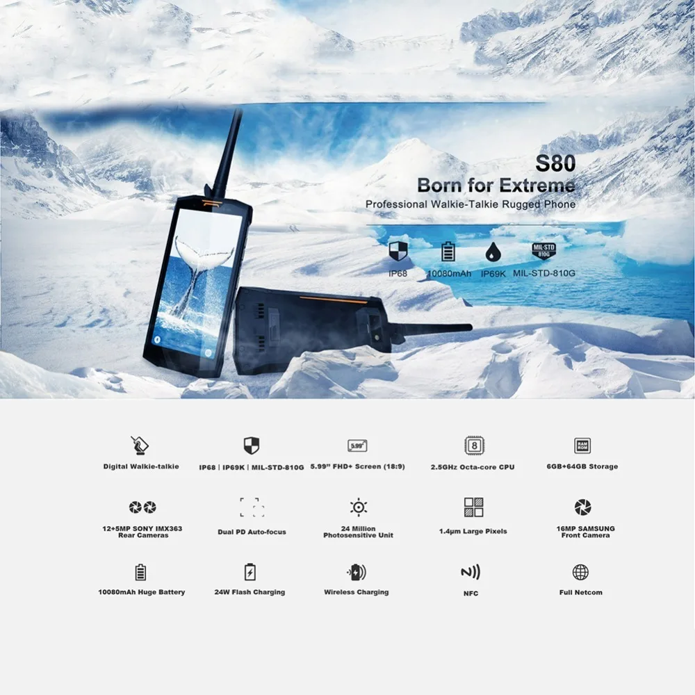 Doogee S80 Ip68 Водонепроницаемый 5,99 ''18:9 Ips мобильный телефон 10080 мАч 12v2a 6 ГБ 64 Гб восьмиядерный смартфон 16,0 Мп фронтальная камера Fhd