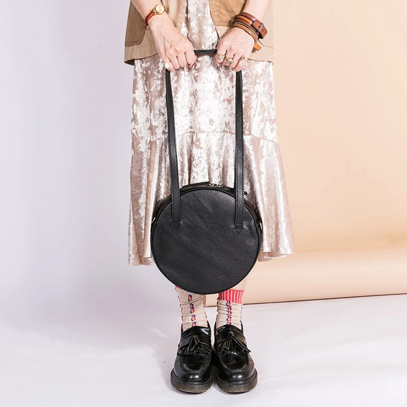 Натуральная кожа оригинальная женская сумка через плечо маленькая круглая