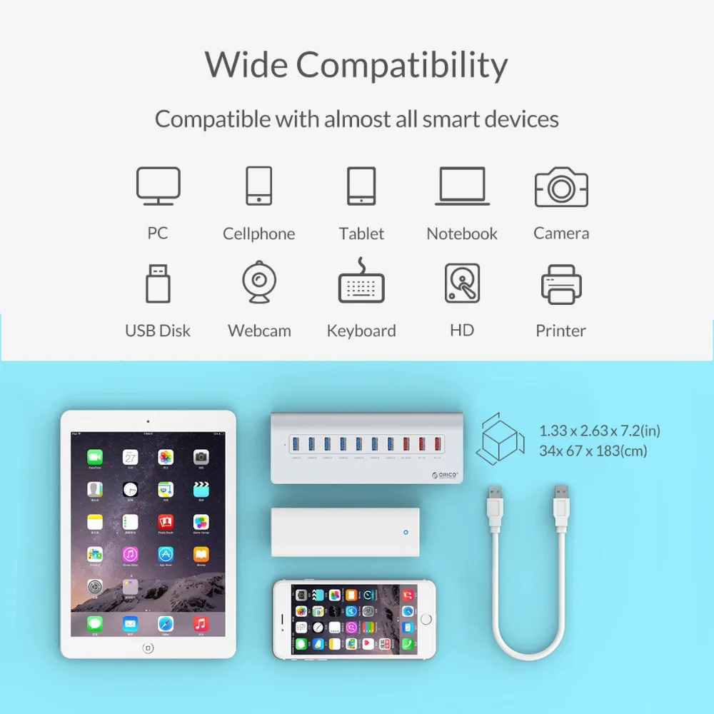 ORICO Суперскоростной usb концентратор с 10 портами 7 USB 3 0 5 Гбит/с порта для зарядки