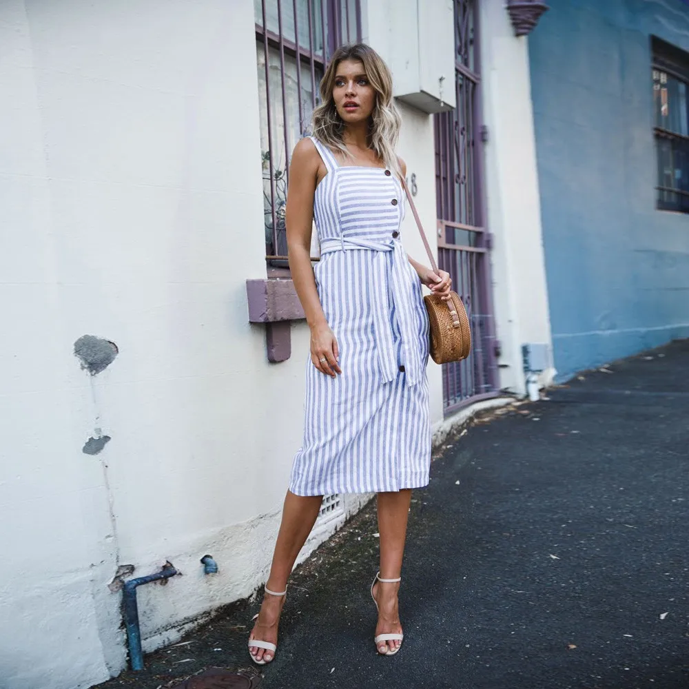 Летнее платье Для женщин сексуальная Boho Полосатое без рукавов пляжные Стиль