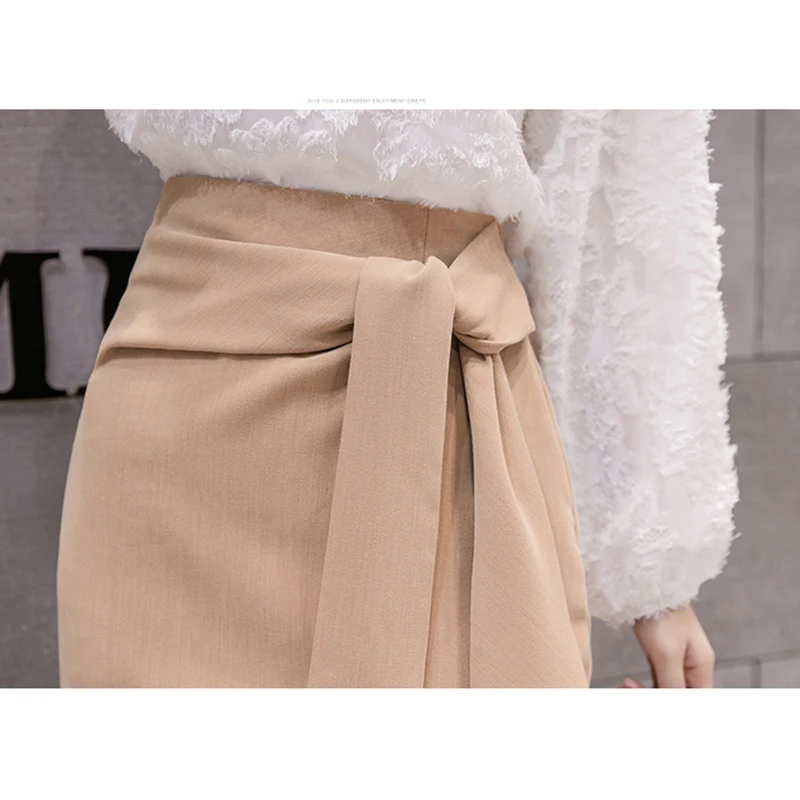 

Autumn Ladies Office Skirt Split Bow Bandage Irregular Long Skirts Womens OL Hip Package Brief Jupe Femme Elegant Faldas