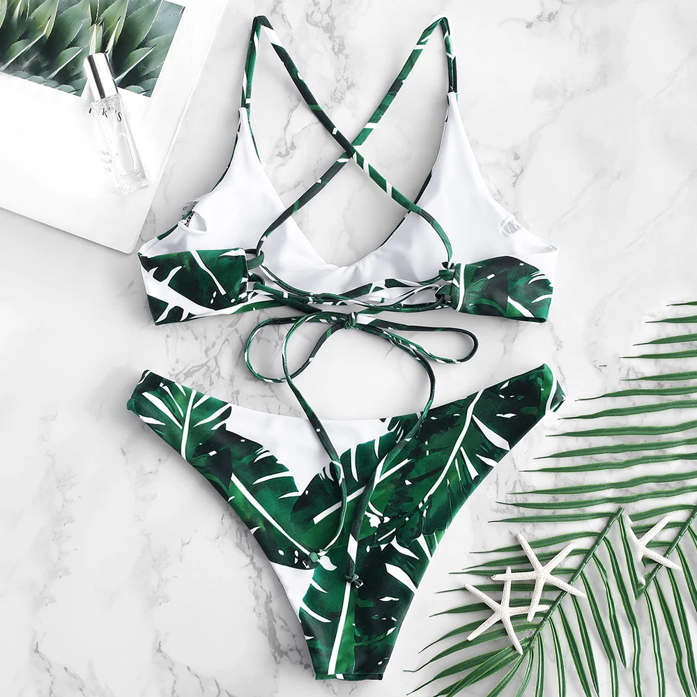 ZAFUL богемное бикини пальмовый лист с застежкой крест накрест набор низкой талией