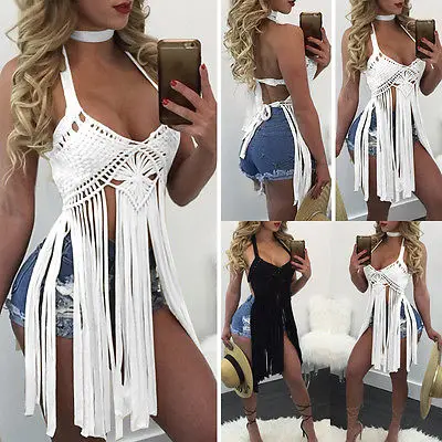 2017 Hot Women Sexy Crochet Knit Swimsuits Cover Ups Tassel Bralette Bra Beach Bikini Halter Backless | Женская одежда