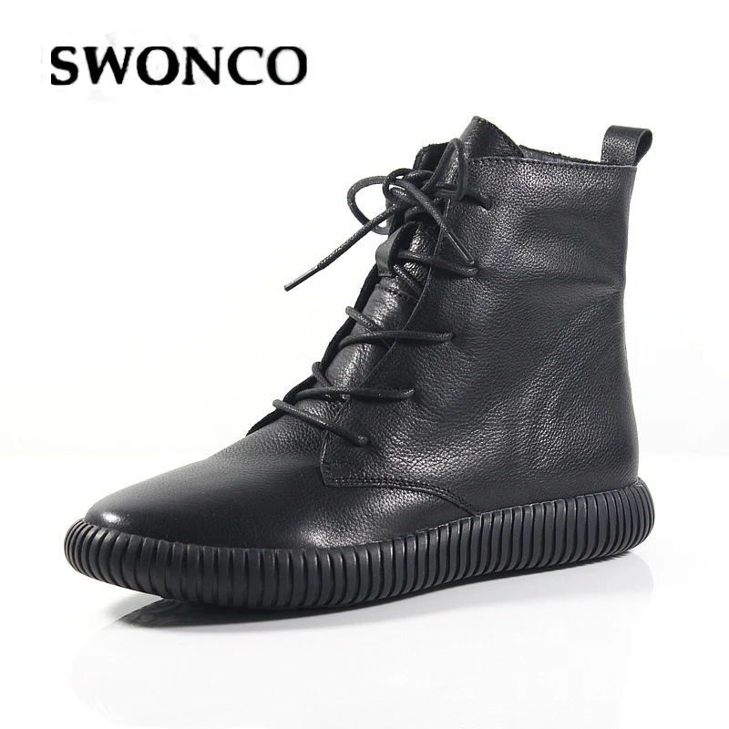 

SWONCO Ankle Winter Boots Shoes Women High Top Sneakers Genuine Leather Autumn Boot 2019 Female Causal Shoes Ankle Boots Womens