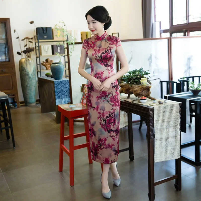 2019 пикантные Длинные Cheongsam в традиционном китайском стиле платье с короткими