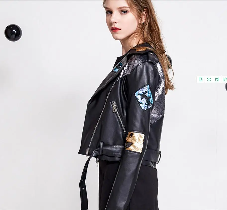 Куртка из искусственной кожи расшитая блестками на весну-осень 2019 | Женская