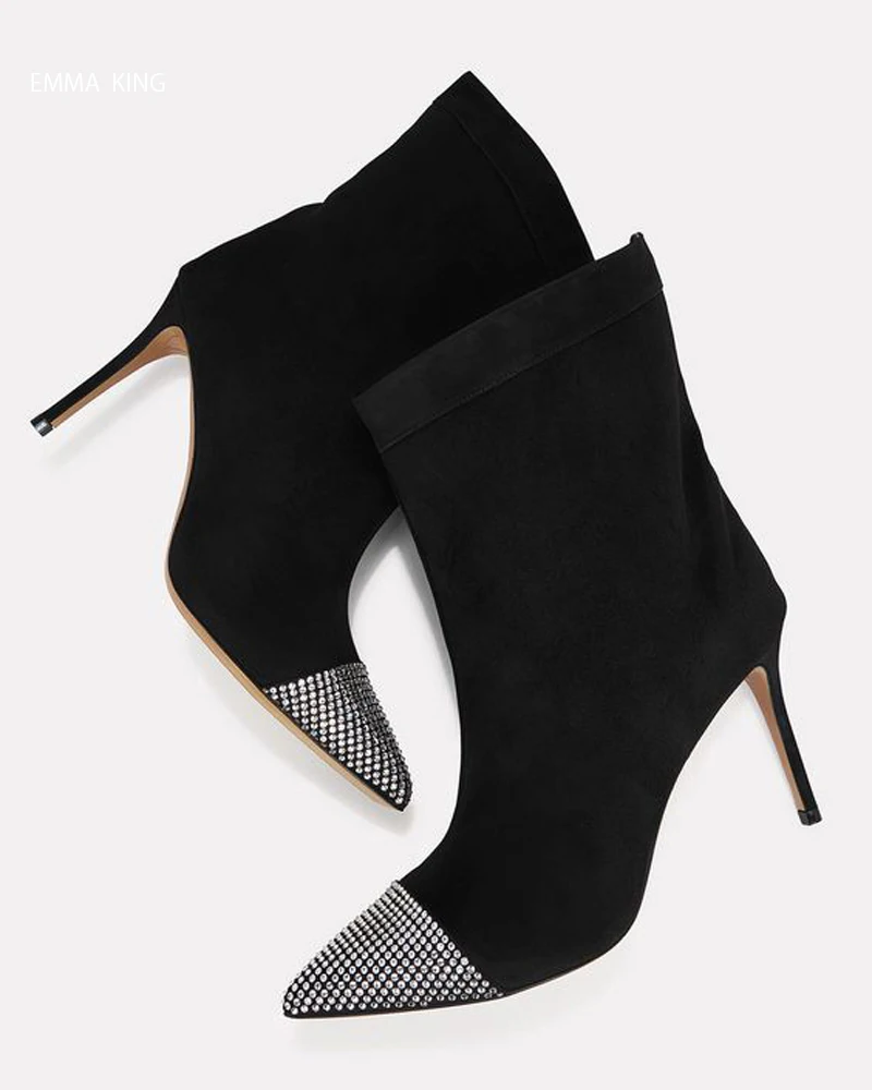 black Botines Mujer/ г., женские ботильоны-гладиаторы обувь на высоком каблуке с острым носком и кристаллами пикантные черные туфли на шпильке, zapatillas mujer - Цвет: black