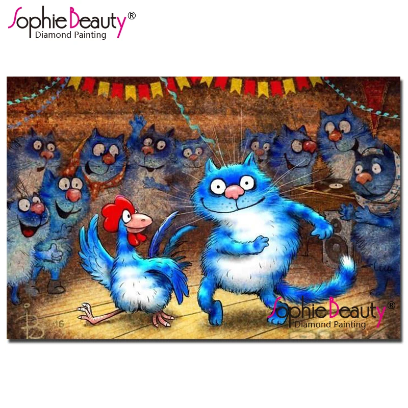 Sophie Beauty DIY Алмазная мозаика голубой Кот и петух танцевальная вышивка алмазная