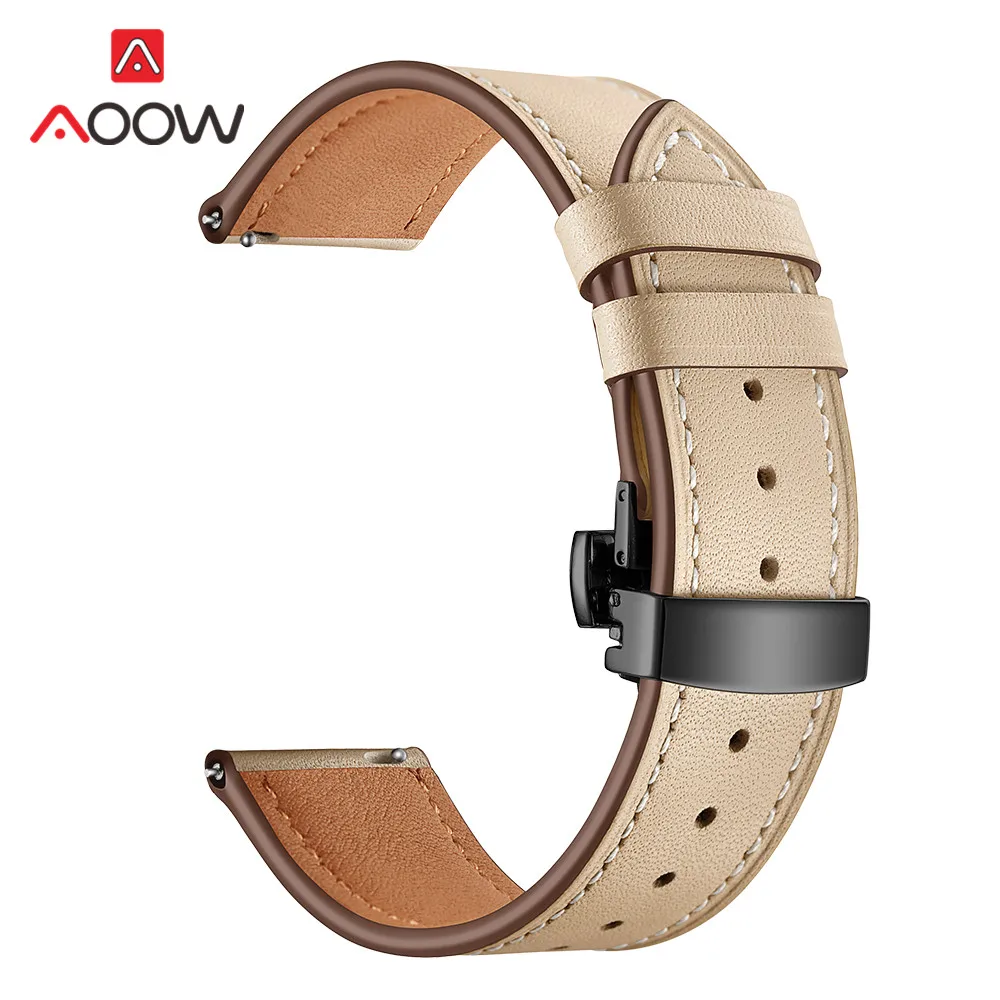 Apricot black 20 мм 22 мм ремешок из натуральной кожи для samsung Galaxy Watch Active 42 мм 46 мм Бабочка Пряжка браслет ремешок аксессуары - Цвет ремешка: Apricot black
