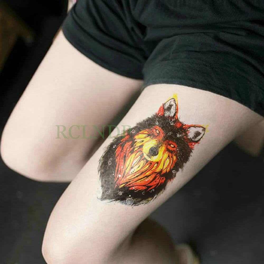 Водостойкая Временная тату наклейка волк воловья голова огонь поддельные флэш