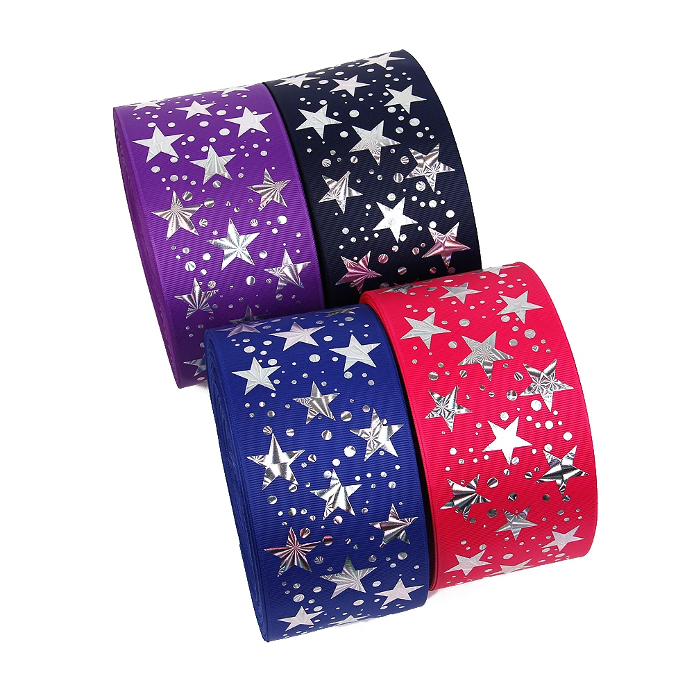 David accessories "(75 мм) лазерный silver star Высокое качество печатных резинка из полиэстера 10yds, материалы для ручных поделок, 10Y55650