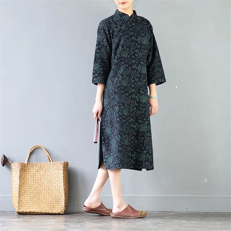 Navy Blue SCUWLINEN Vestidos, женское весеннее летнее платье, винтажное, с принтом, на кнопках, три четверти, свободное льняное платье, Повседневное платье S299 - Цвет: Navy Blue