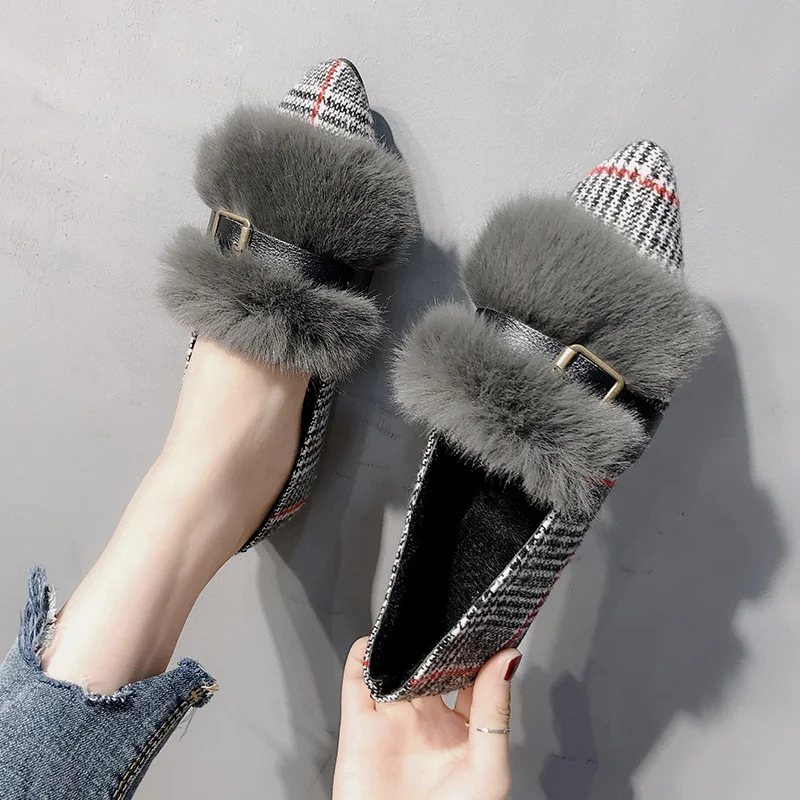Flats Women Simple Elegant Retro Plaid Pointed Toe Flat with Shoes Outside Womens Winter Soft Plush Ladies All-match 2019 Trendy | Обувь