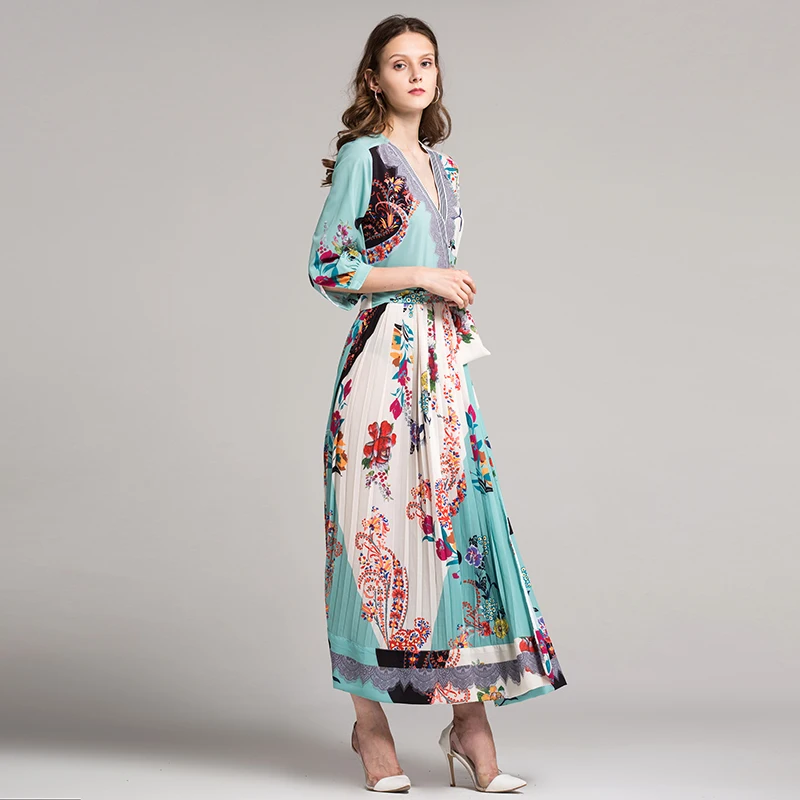 Женское винтажное платье с поясом V образным вырезом и рукавом 2018|maxi long dress|long