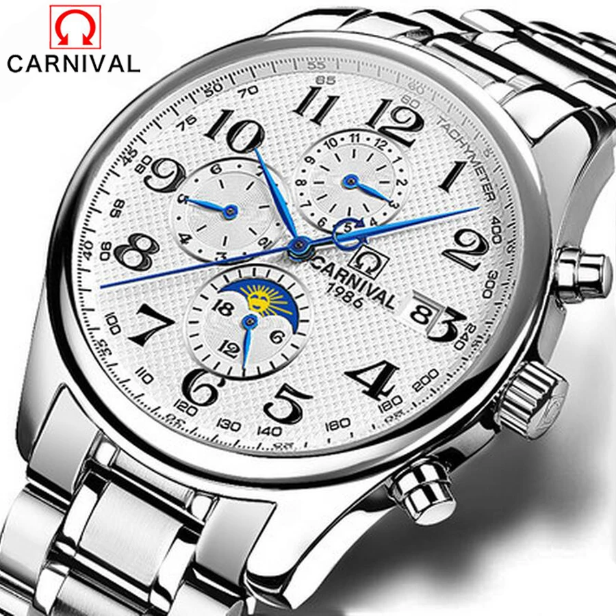 

Carnival Top Brand Luxury 6 Hand 24 Hours Date Multifunctional Men's Mechanical Watches Military Waterproof 30M Watch Sapphire