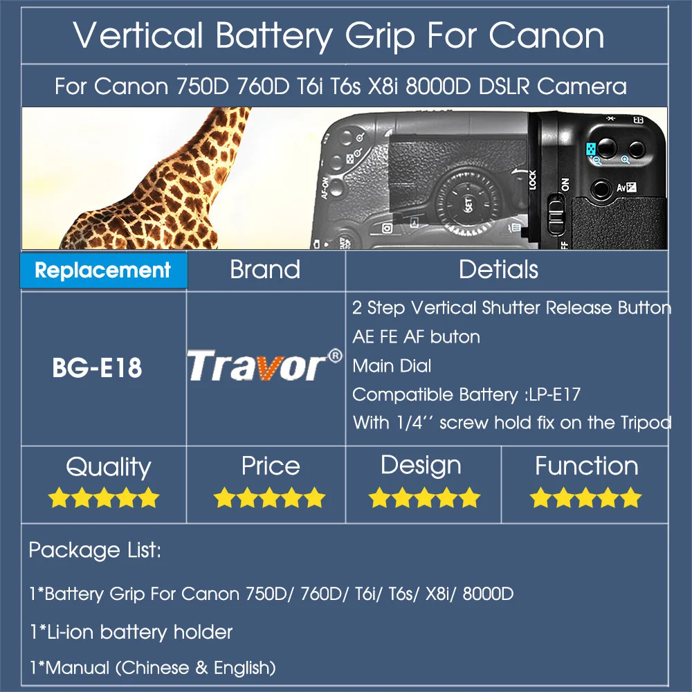 Travor Вертикальная Батарейная ручка держатель для Canon 750D 760D T6i T6s X8i 8000D DSLR камера Замена BG-E18