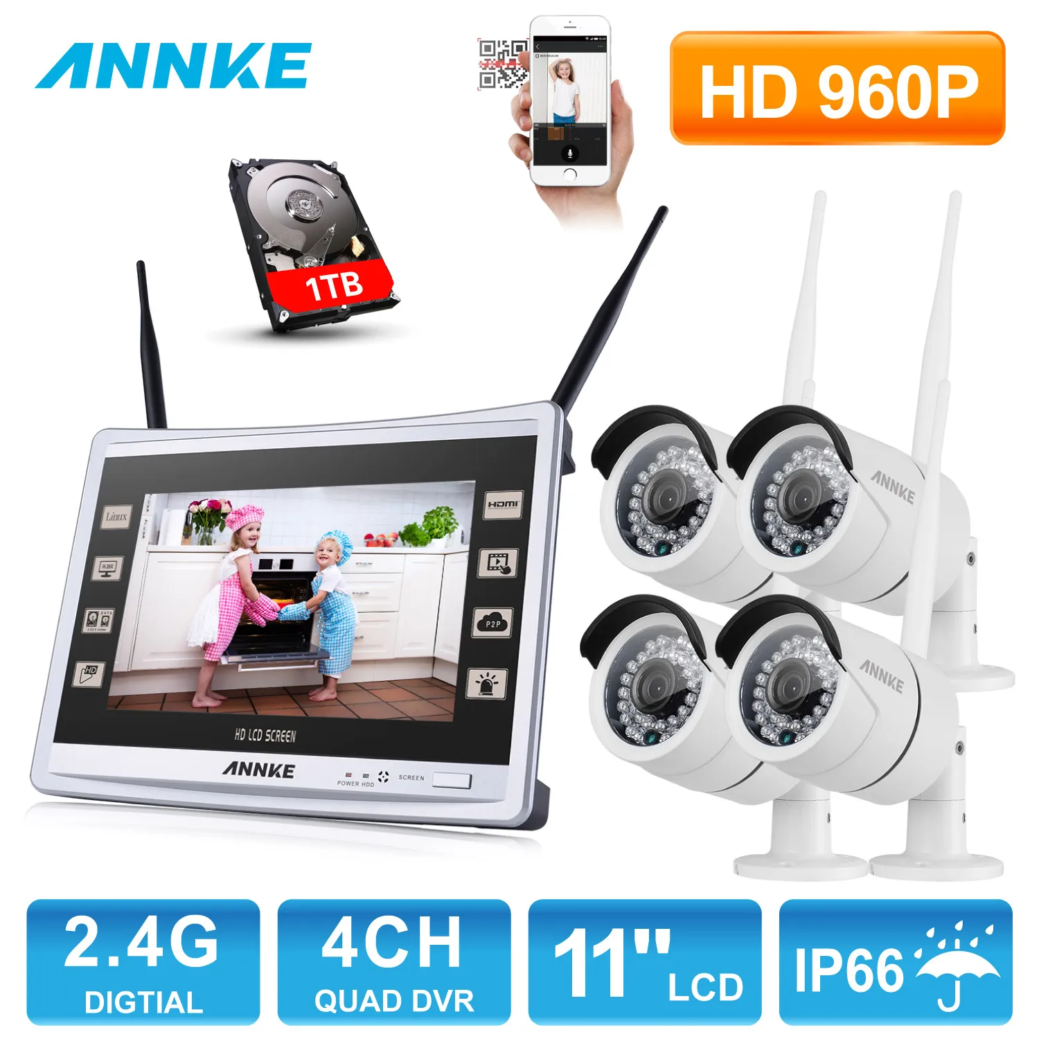 ANNKE 4CH 960 P беспроводной 11 &quotмонитор NVR Открытый ИК ночного видения