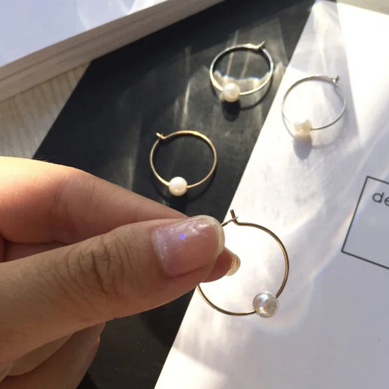 2018 Simple Gold Silver Color Simulated Pearl Geometric Round Circle Hoop Earrings for Women Girls Wedding Party Jewelry | Украшения и