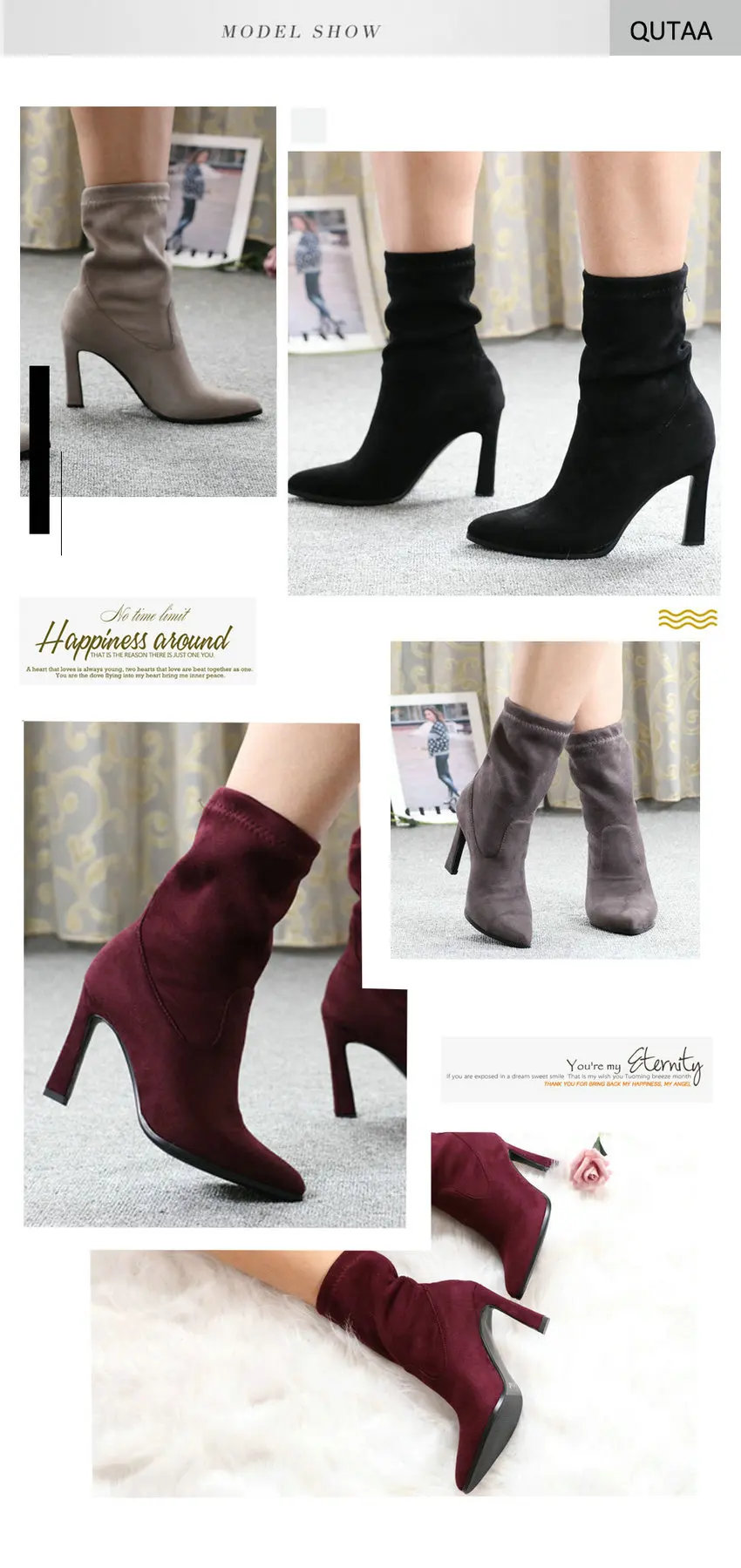 QUTAA New Winter Stretch Ankle Boots Sexy Hoof High Heels Women Shoes Platform Pointed Toe Slip on Short Boots Size 34-43