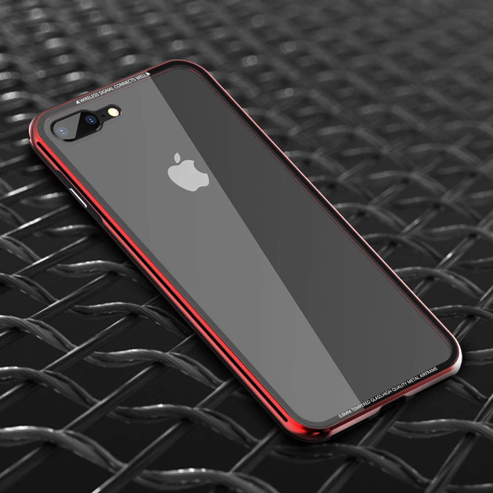 

Luxury Thin Transparent Glass Case For iPhone 7 8 Plus Phone Shockproof TPU + Aluminum Metal 360 Full Protection Cover Cases