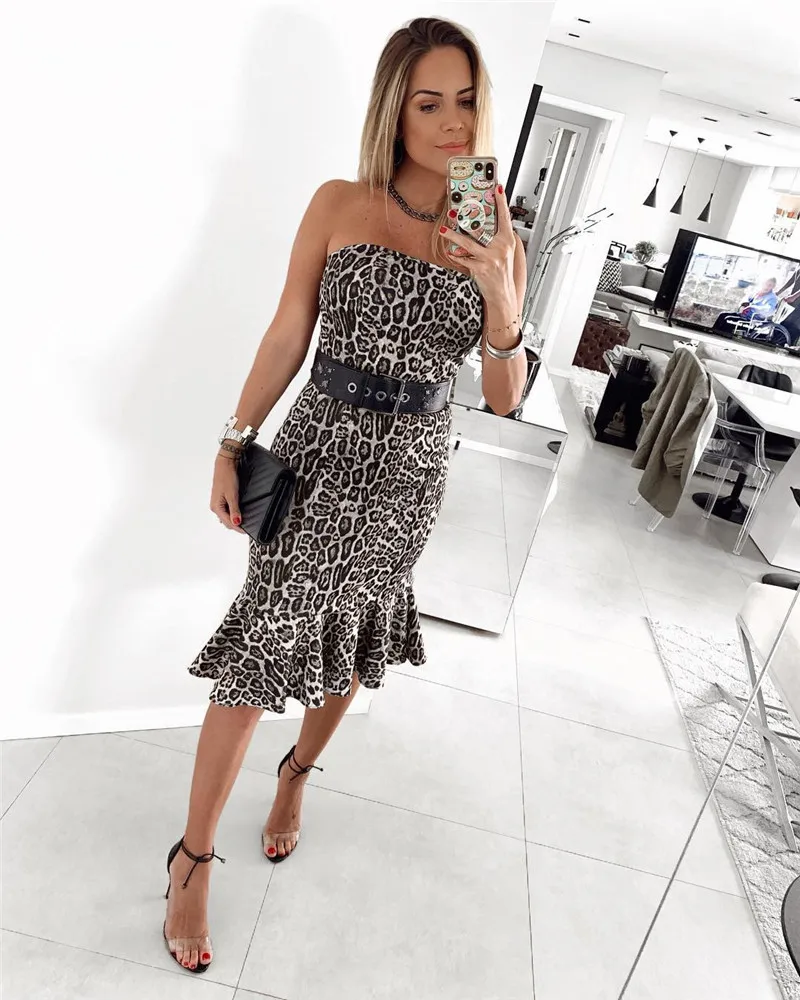 Сексуальное леопардовое платье миди без бретелек женское рукавов с оборками по