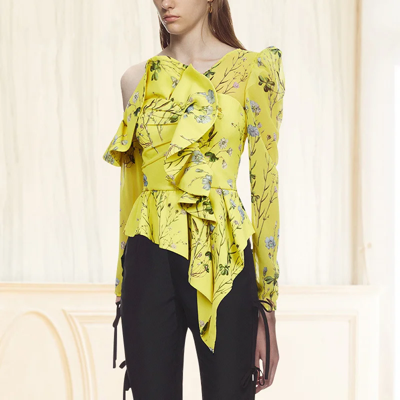 Женская блузка с цветочным принтом TWOTWINSTYLE летняя косым воротником длинными