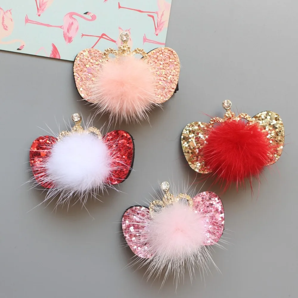 

Boutique 20pcs Fashion Cute Glitter Gemstone Tiaras Hairpins Solid Fur Pom Pom Bow Crown Hair Clips Princess Hair Accessories