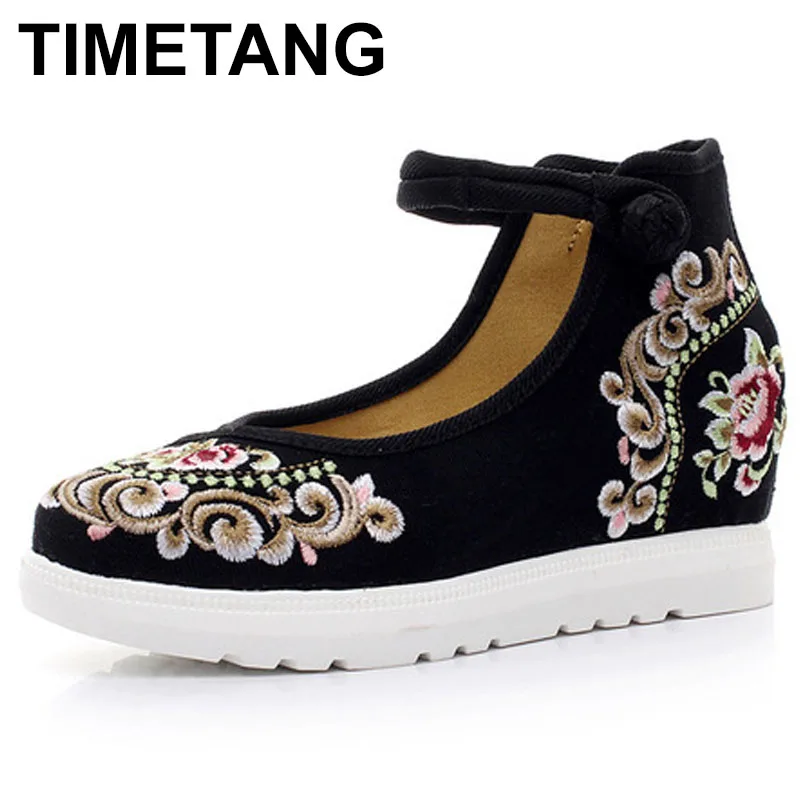 

TIMETANG High End Floral Embroidered Women Canvas Flat Platforms Mid Top Ankle Strap Chinese Style Ladies Casual Denim ShoesE343