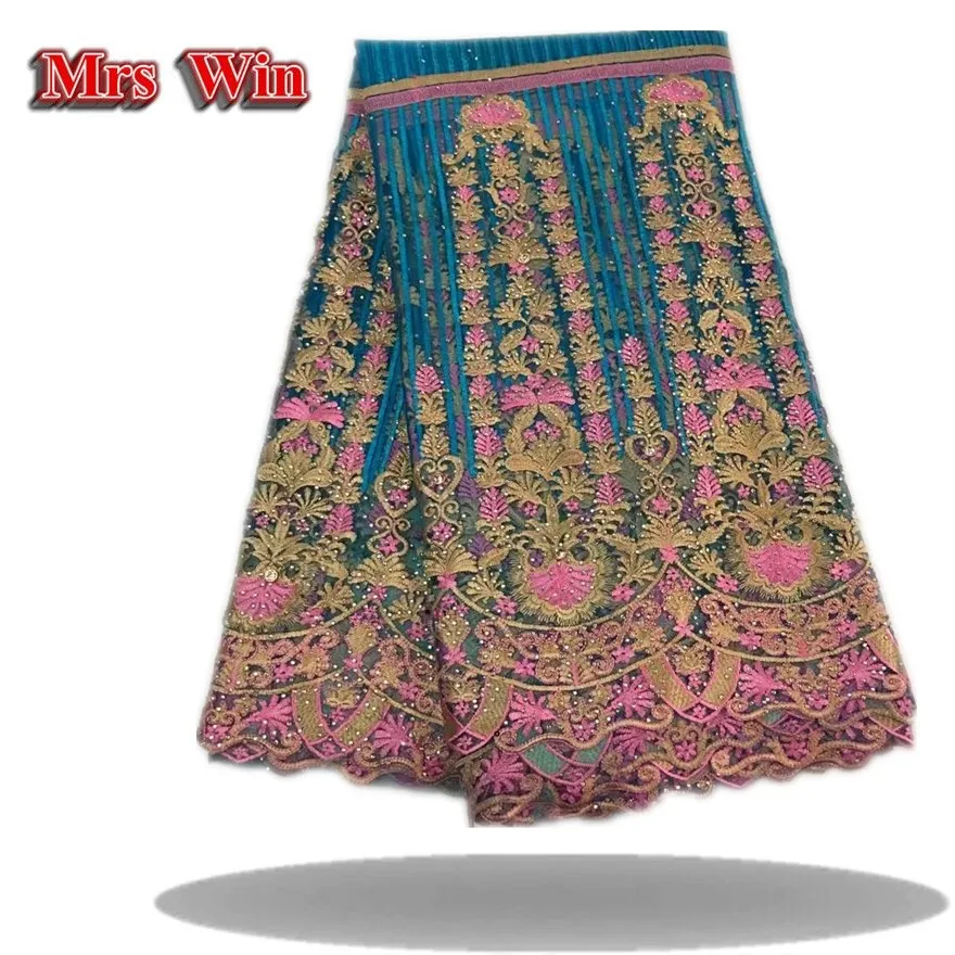 2017 Африканское кружево Нигерия высокого качества - свадебное платье с камнями риностоун на французском тюле цвета абрикос.