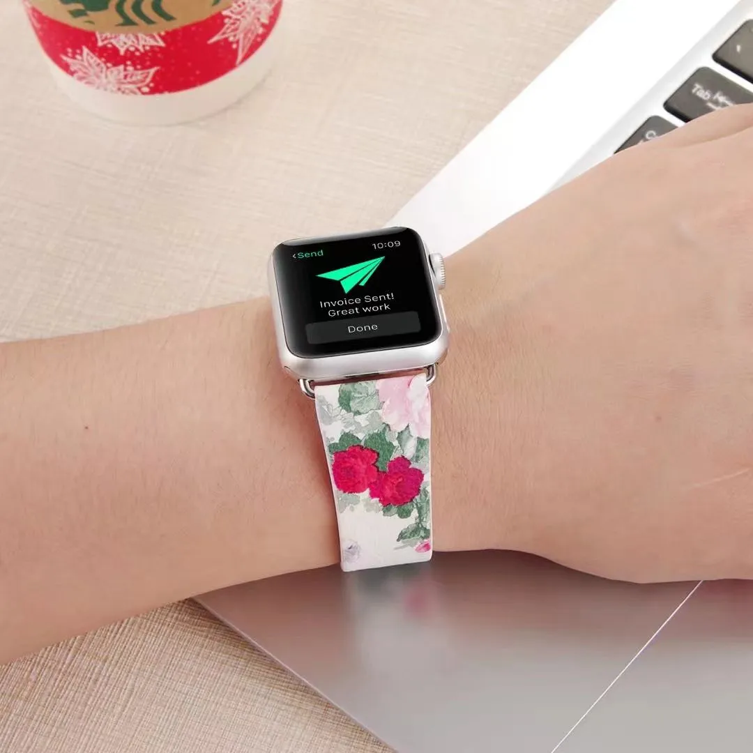 Цветок кожаный браслет для часов Apple Watch Series 5 4 3 2 1 ремешок 44/42 мм 40 38 и нержавеющая