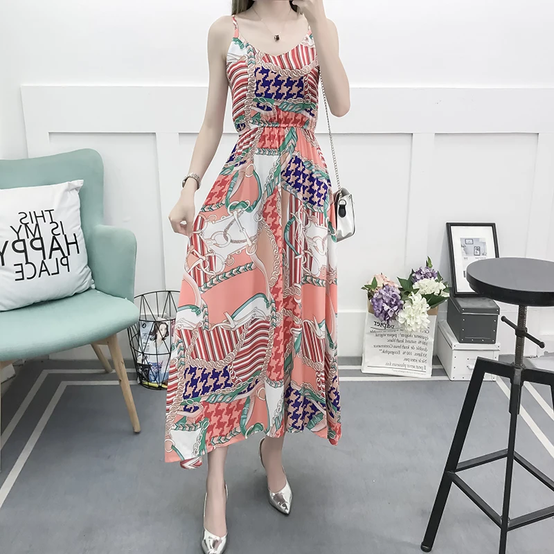 Летнее женское платье на бретельках Boho хлопковое пляжное без рукавов с цветами