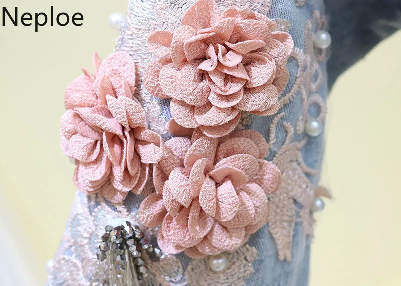 Neploe Spring Women Fashion Denim Jacket Embroidery Beading Flowers Short Jackets Coat Woman Long Sleeve Jean Jacket 90199