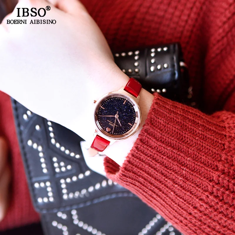 Модные часы IBSO с блестящим циферблатом женские кожаным ремешком кварцевые