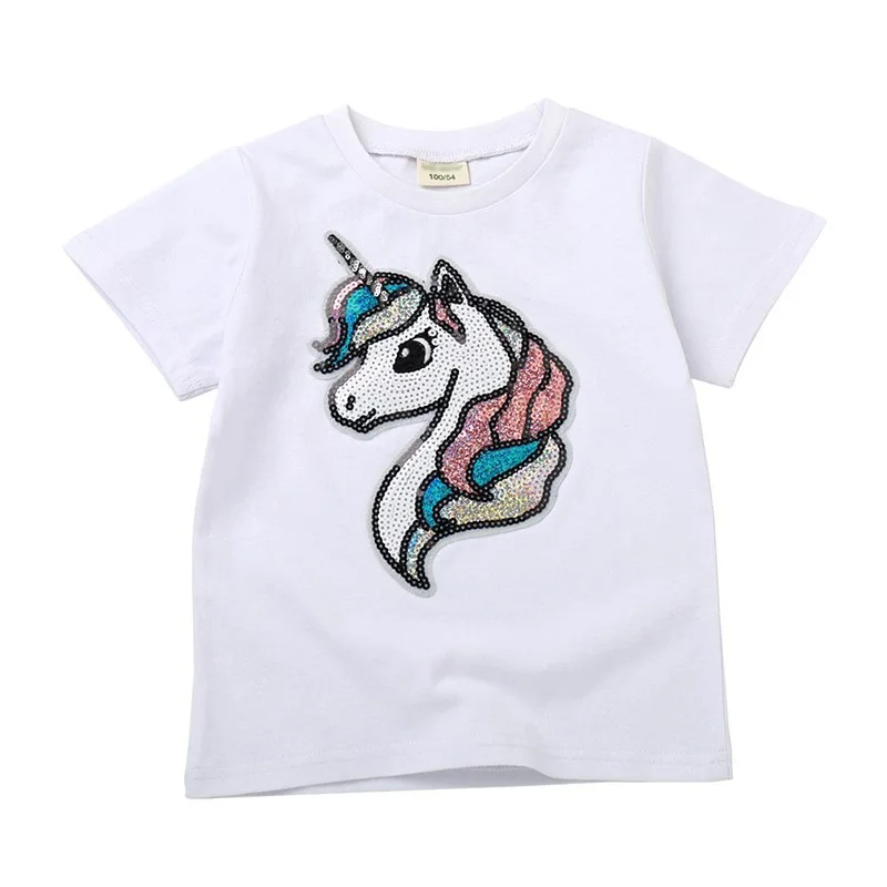 

VOGUEON Summer Girls T Shirt Magic Unicorn Sequins Tshirt Children Casual Clothing Short Sleeve Black White Cartoon Fashion Tee
