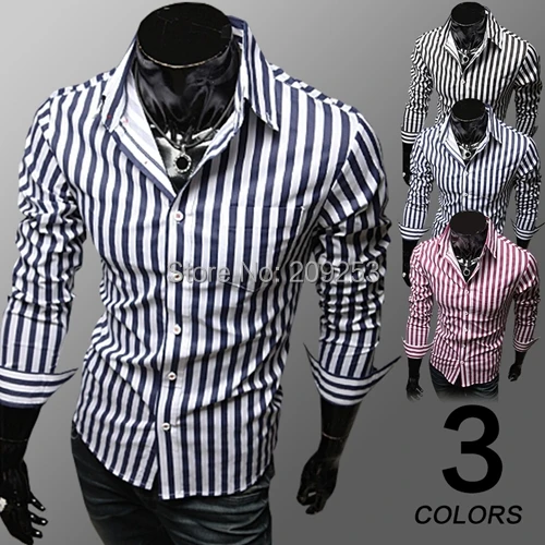 Hot sale stylish man stripe Shirt Korean Men's slim Long Sleeve Free shipping 3 color | Мужская одежда