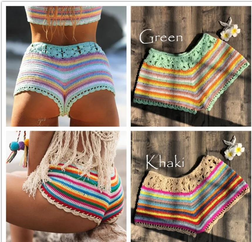 

2019 New Women Rainbow Knit Crochet Shorts Sexy Beach bikini swimwear cover ups Shorts Ladies Summer Mini Short Bottoms cover up