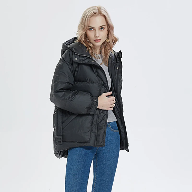 Пуховик женский ультра-светильник с капюшоном и поясом | Женская одежда