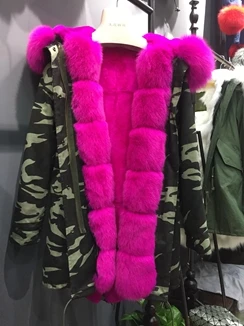 SQXR мех натуральный Лисий мех пальто зима вся кожа натуральный Лисий мех пальто с настоящей подкладка из кролика - Цвет: Фуксия