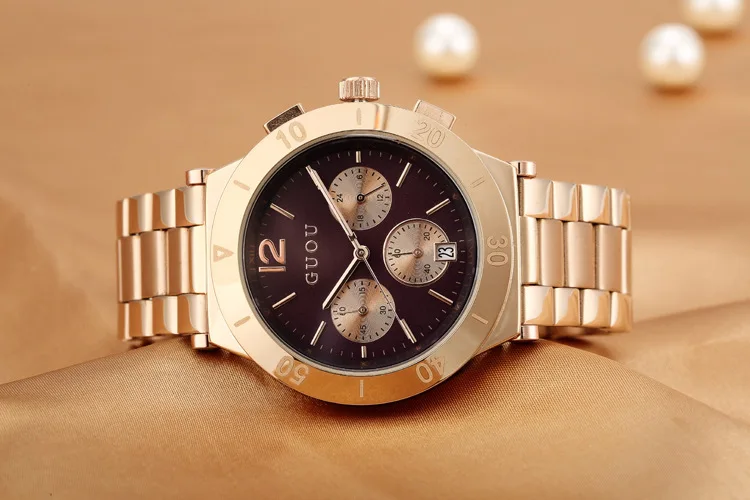 Fashion Good Quality GUOU Brand Stainless steel watchband multifunctional Casual ladies watch calendar Luxury Gold Wristwatches | Наручные