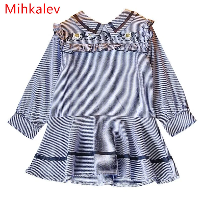 Mihkalev хлопковые полосатые детские платья для девочек осенняя одежда 2017 Осень